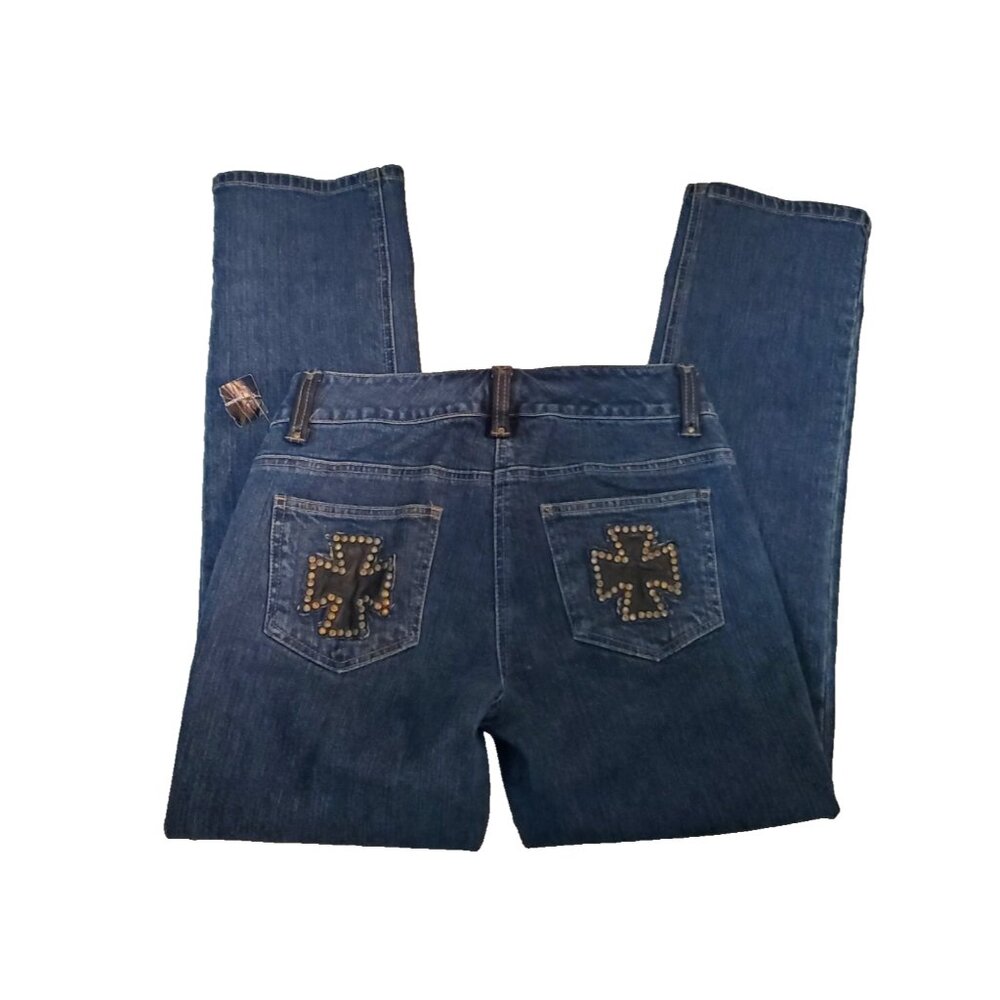 INC Petite 4P Biker Y2K Rocker Embellished Pocket Jeans Stretch Straight Leg